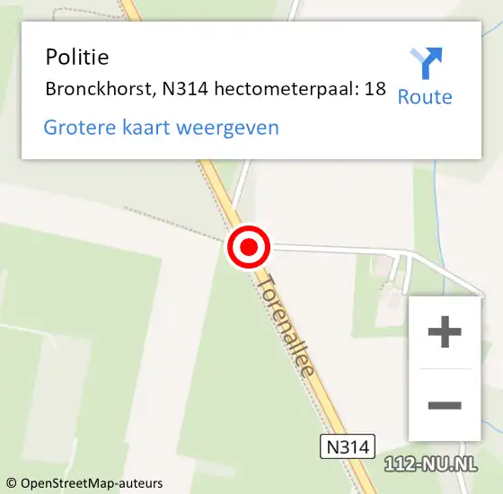 Locatie op kaart van de 112 melding: Politie Bronckhorst, N314 hectometerpaal: 18 op 4 april 2025 04:47