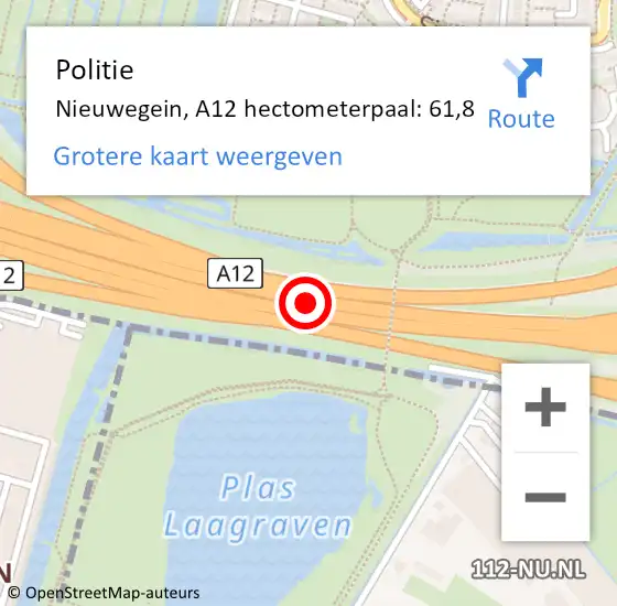 Locatie op kaart van de 112 melding: Politie Nieuwegein, A12 hectometerpaal: 61,8 op 4 april 2025 13:40