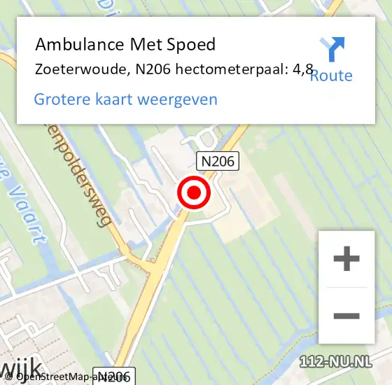 Locatie op kaart van de 112 melding: Ambulance Met Spoed Naar Zoeterwoude, N206 hectometerpaal: 4,8 op 4 april 2025 13:57