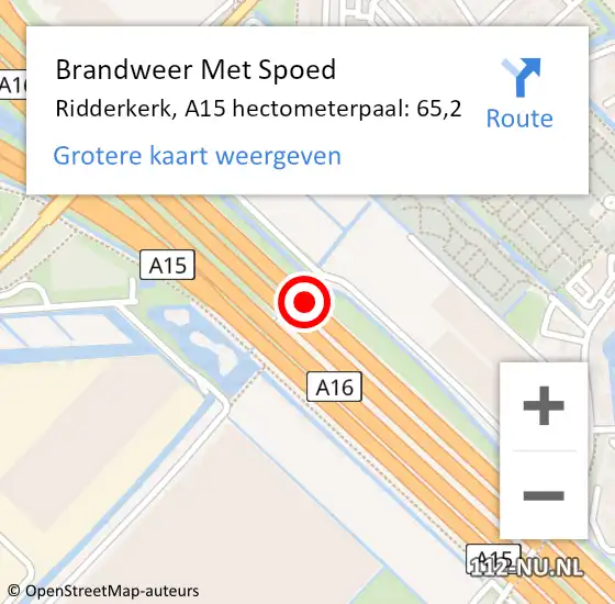 Locatie op kaart van de 112 melding: Brandweer Met Spoed Naar Ridderkerk, A15 hectometerpaal: 65,2 op 4 april 2025 14:27