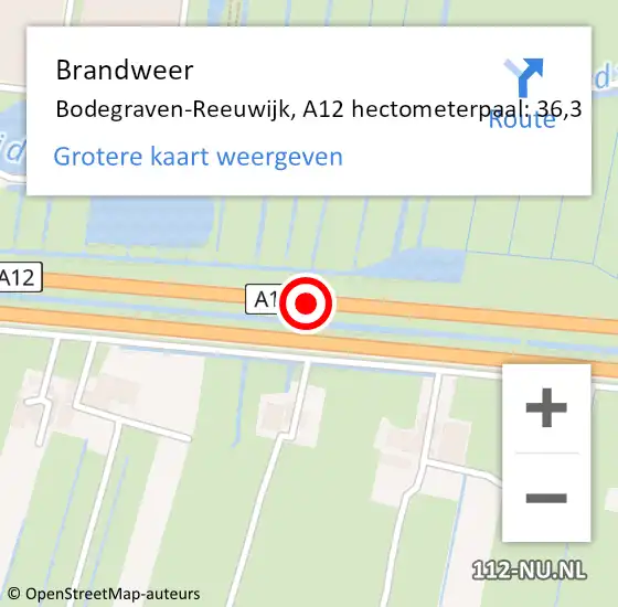 Locatie op kaart van de 112 melding: Brandweer Bodegraven-Reeuwijk, A12 hectometerpaal: 36,3 op 4 april 2025 14:27