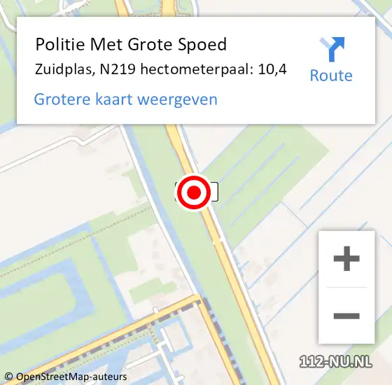Locatie op kaart van de 112 melding: Politie Met Grote Spoed Naar Zuidplas, N219 hectometerpaal: 10,4 op 4 april 2025 14:29