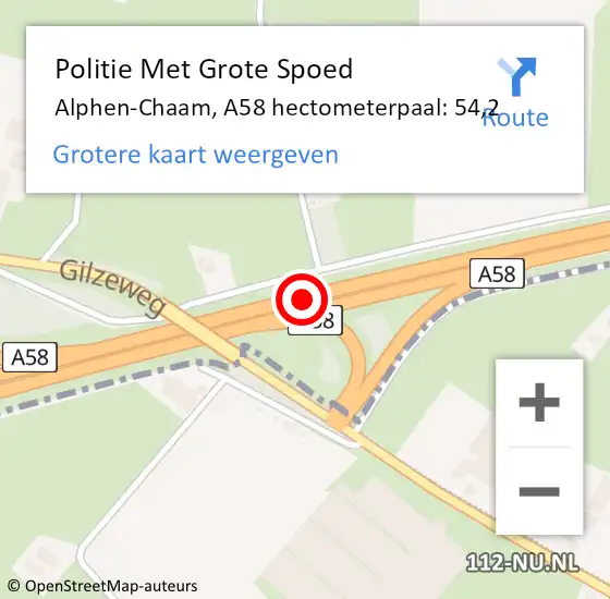Locatie op kaart van de 112 melding: Politie Met Grote Spoed Naar Alphen-Chaam, A58 hectometerpaal: 54,2 op 4 april 2025 15:26