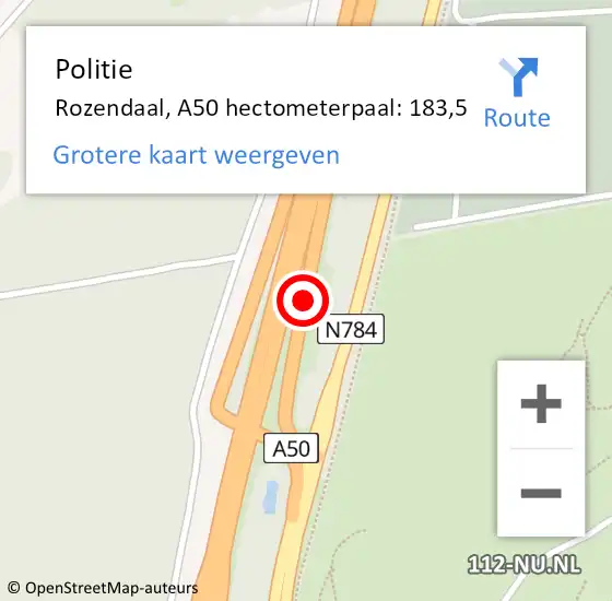 Locatie op kaart van de 112 melding: Politie Rozendaal, A50 hectometerpaal: 183,5 op 4 april 2025 16:46