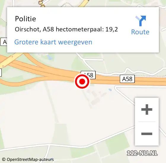 Locatie op kaart van de 112 melding: Politie Oirschot, A58 hectometerpaal: 19,2 op 4 april 2025 17:51