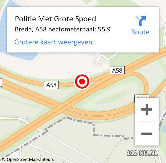 Locatie op kaart van de 112 melding: Politie Met Grote Spoed Naar Alphen-Chaam, A58 hectometerpaal: 55,9 op 4 april 2025 18:07