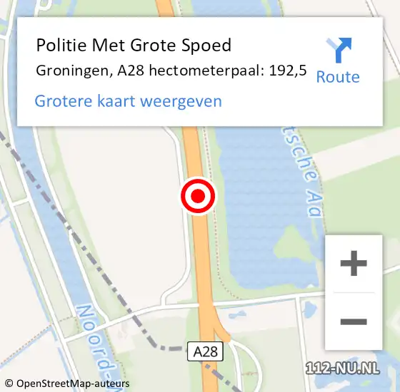 Locatie op kaart van de 112 melding: Politie Met Grote Spoed Naar Groningen, A28 hectometerpaal: 192,5 op 4 april 2025 18:29