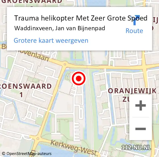 Locatie op kaart van de 112 melding: Trauma helikopter Met Zeer Grote Spoed Naar Waddinxveen, Jan van Bijnenpad op 4 april 2025 18:46