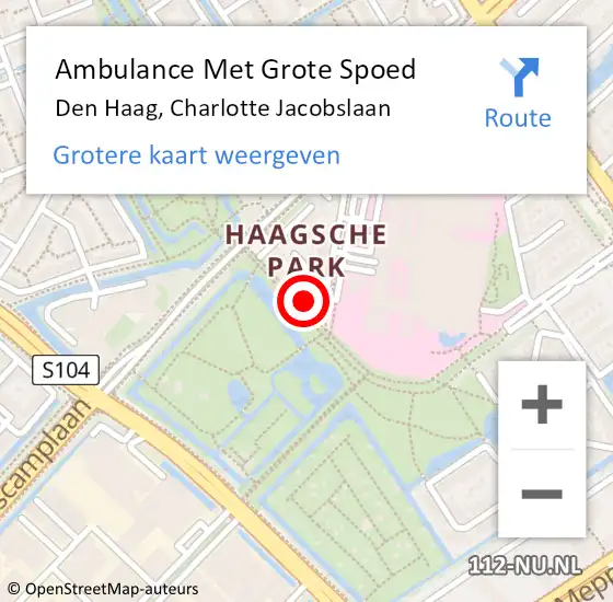 Locatie op kaart van de 112 melding: Ambulance Met Grote Spoed Naar Den Haag, Charlotte Jacobslaan op 4 april 2025 19:57