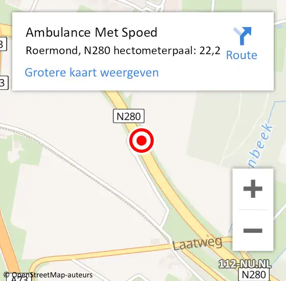 Locatie op kaart van de 112 melding: Ambulance Met Spoed Naar Roermond, N280 hectometerpaal: 22,2 op 4 april 2025 20:37