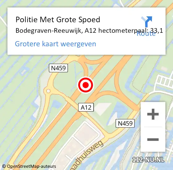 Locatie op kaart van de 112 melding: Politie Met Grote Spoed Naar Bodegraven-Reeuwijk, A12 hectometerpaal: 33,1 op 5 april 2025 03:23