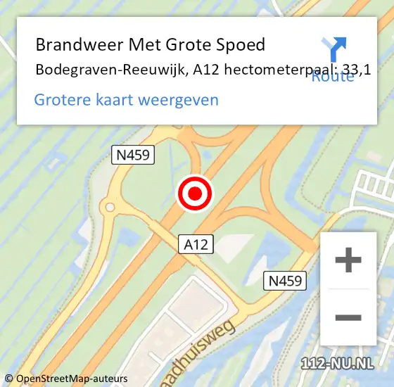 Locatie op kaart van de 112 melding: Brandweer Met Grote Spoed Naar Bodegraven-Reeuwijk, A12 hectometerpaal: 33,1 op 5 april 2025 03:24