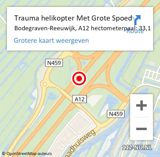 Locatie op kaart van de 112 melding: Trauma helikopter Met Grote Spoed Naar Bodegraven-Reeuwijk, A12 hectometerpaal: 33,1 op 5 april 2025 03:26