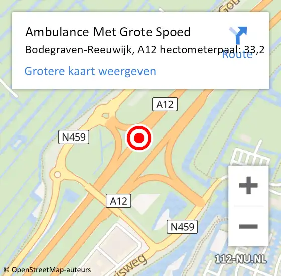 Locatie op kaart van de 112 melding: Ambulance Met Grote Spoed Naar Bodegraven-Reeuwijk, A12 hectometerpaal: 33,2 op 5 april 2025 03:29
