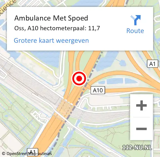 Locatie op kaart van de 112 melding: Ambulance Met Spoed Naar Oss, A10 hectometerpaal: 11,7 op 5 april 2025 03:40