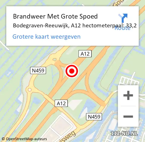 Locatie op kaart van de 112 melding: Brandweer Met Grote Spoed Naar Bodegraven-Reeuwijk, A12 hectometerpaal: 33,2 op 5 april 2025 03:51