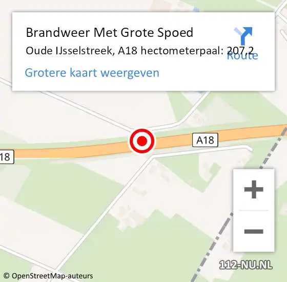 Locatie op kaart van de 112 melding: Brandweer Met Grote Spoed Naar Oude IJsselstreek, A18 hectometerpaal: 207,2 op 5 april 2025 06:13