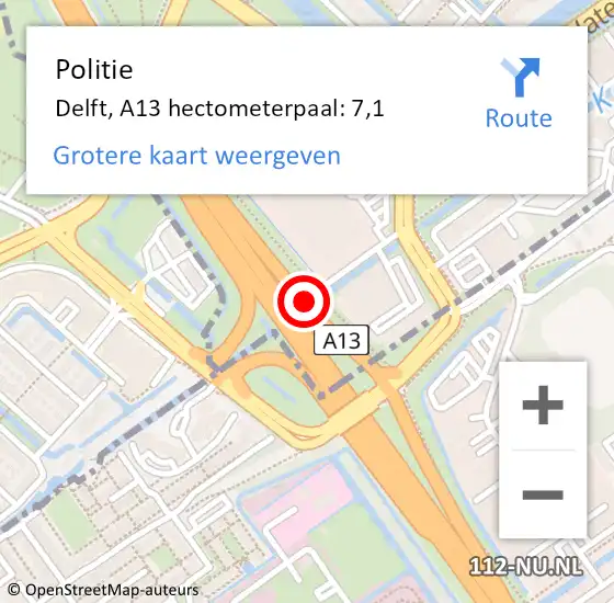 Locatie op kaart van de 112 melding: Politie Delft, A13 hectometerpaal: 7,1 op 5 april 2025 08:22
