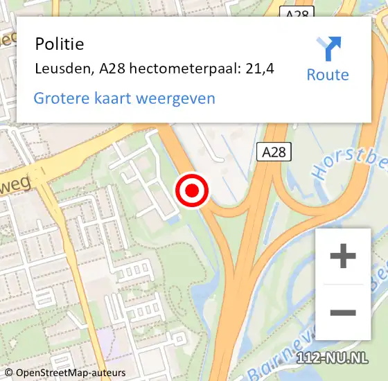 Locatie op kaart van de 112 melding: Politie Leusden, A28 hectometerpaal: 21,4 op 5 april 2025 09:29