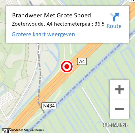 Locatie op kaart van de 112 melding: Brandweer Met Grote Spoed Naar Zoeterwoude, A4 hectometerpaal: 36,5 op 5 april 2025 09:46