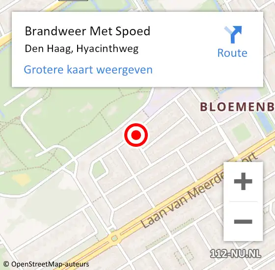 Locatie op kaart van de 112 melding: Brandweer Met Spoed Naar Den Haag, Hyacinthweg op 5 april 2025 12:54