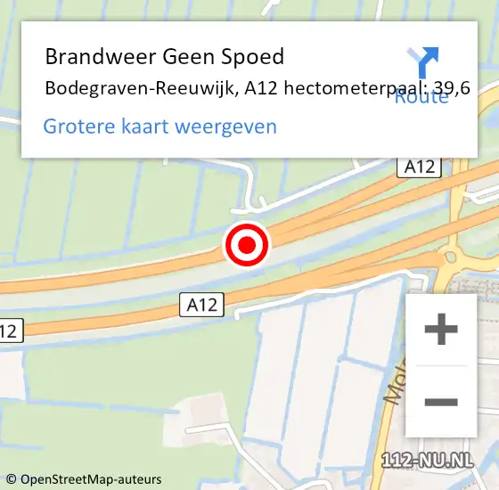 Locatie op kaart van de 112 melding: Brandweer Geen Spoed Naar Bodegraven-Reeuwijk, A12 hectometerpaal: 39,6 op 5 april 2025 13:09