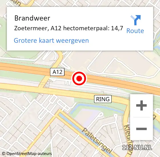 Locatie op kaart van de 112 melding: Brandweer Zoetermeer, A12 hectometerpaal: 14,7 op 5 april 2025 13:59
