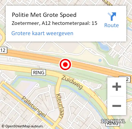 Locatie op kaart van de 112 melding: Politie Met Grote Spoed Naar Zoetermeer, A12 hectometerpaal: 15 op 5 april 2025 13:59