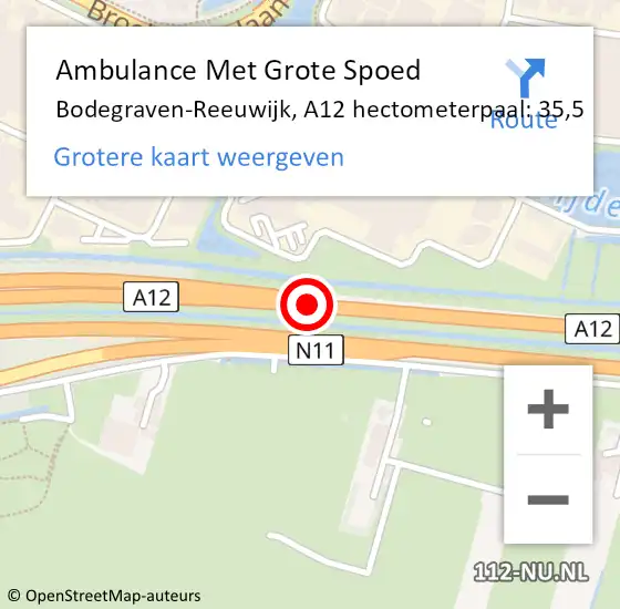 Locatie op kaart van de 112 melding: Ambulance Met Grote Spoed Naar Bodegraven-Reeuwijk, A12 hectometerpaal: 35,5 op 5 april 2025 14:12