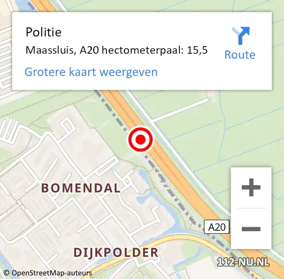 Locatie op kaart van de 112 melding: Politie Maassluis, A20 hectometerpaal: 15,5 op 5 april 2025 14:30