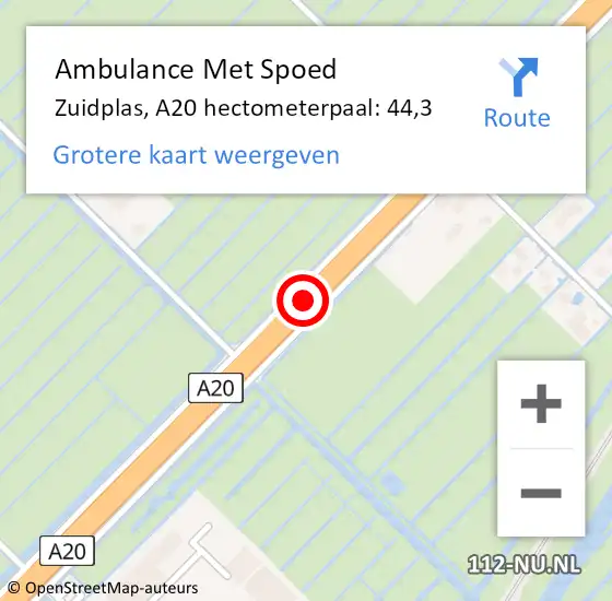 Locatie op kaart van de 112 melding: Ambulance Met Spoed Naar Zuidplas, A20 hectometerpaal: 44,3 op 5 april 2025 16:29