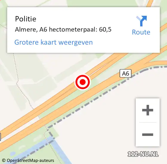 Locatie op kaart van de 112 melding: Politie Almere, A6 hectometerpaal: 60,5 op 5 april 2025 17:25