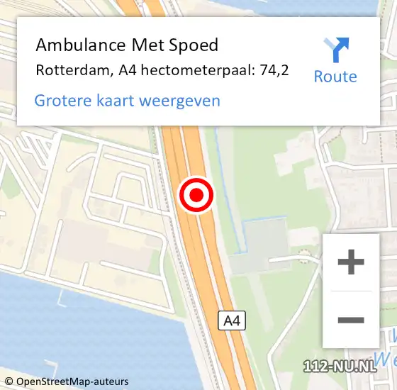 Locatie op kaart van de 112 melding: Ambulance Met Spoed Naar Rotterdam, A4 hectometerpaal: 74,2 op 5 april 2025 18:45