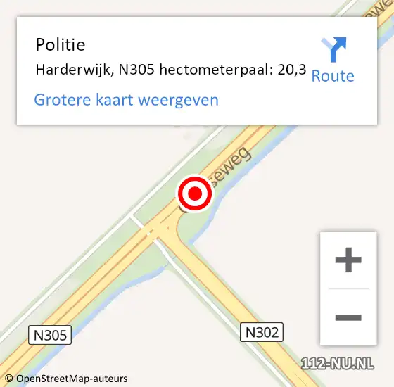 Locatie op kaart van de 112 melding: Politie Harderwijk, N305 hectometerpaal: 20,3 op 5 april 2025 19:35