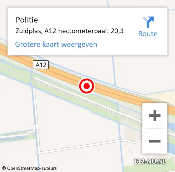 Locatie op kaart van de 112 melding: Politie Zuidplas, A12 hectometerpaal: 20,3 op 5 april 2025 20:34