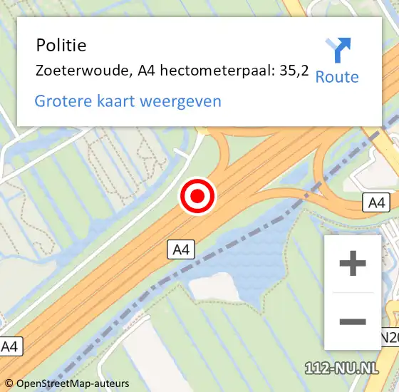 Locatie op kaart van de 112 melding: Politie Zoeterwoude, A4 hectometerpaal: 35,2 op 5 april 2025 20:47