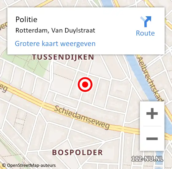 Locatie op kaart van de 112 melding: Politie Rotterdam, Van Duylstraat op 5 april 2025 22:03