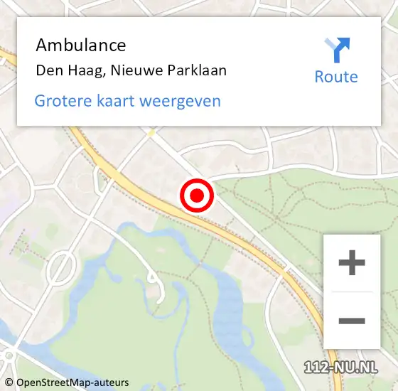 Locatie op kaart van de 112 melding: Ambulance Den Haag, Nieuwe Parklaan op 5 april 2025 22:36