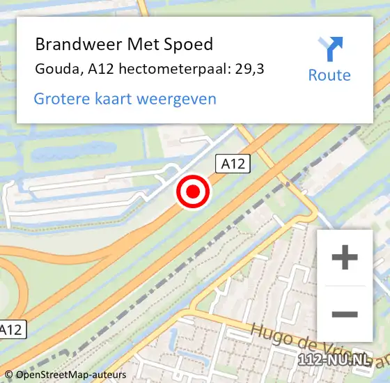 Locatie op kaart van de 112 melding: Brandweer Met Spoed Naar Gouda, A12 hectometerpaal: 29,3 op 5 april 2025 23:53