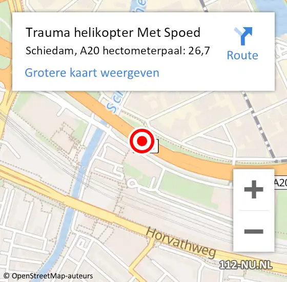 Locatie op kaart van de 112 melding: Trauma helikopter Met Spoed Naar Schiedam, A20 hectometerpaal: 26,7 op 6 april 2025 02:06