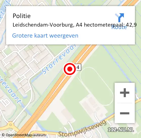 Locatie op kaart van de 112 melding: Politie Leidschendam-Voorburg, A4 hectometerpaal: 42,9 op 6 april 2025 03:51