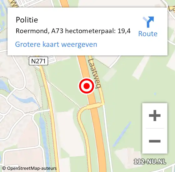 Locatie op kaart van de 112 melding: Politie Roermond, A73 hectometerpaal: 19,4 op 6 april 2025 05:28