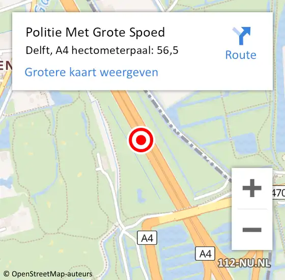 Locatie op kaart van de 112 melding: Politie Met Grote Spoed Naar Midden-Delfland, A4 hectometerpaal: 56,5 op 6 april 2025 05:31