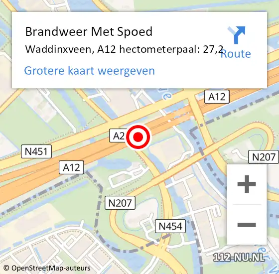 Locatie op kaart van de 112 melding: Brandweer Met Spoed Naar Waddinxveen, A12 hectometerpaal: 27,2 op 6 april 2025 07:03