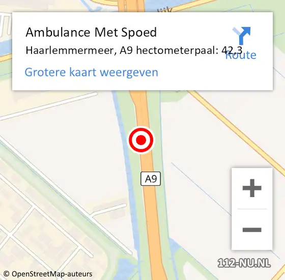 Locatie op kaart van de 112 melding: Ambulance Met Spoed Naar Haarlemmermeer, A9 hectometerpaal: 42,3 op 6 april 2025 13:27