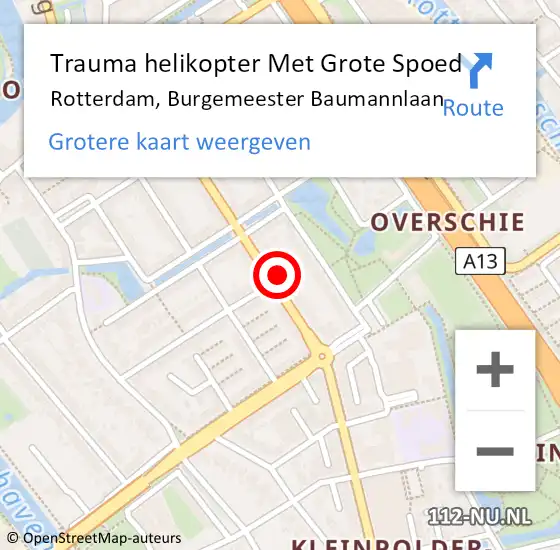 Locatie op kaart van de 112 melding: Trauma helikopter Met Grote Spoed Naar Rotterdam, Burgemeester Baumannlaan op 6 april 2025 13:42