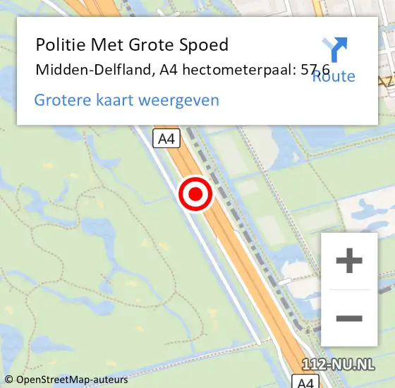 Locatie op kaart van de 112 melding: Politie Met Grote Spoed Naar Midden-Delfland, A4 hectometerpaal: 57,6 op 6 april 2025 13:54