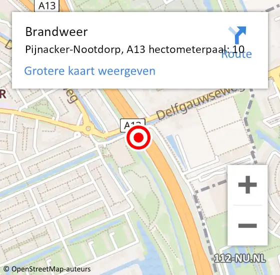 Locatie op kaart van de 112 melding: Brandweer Pijnacker-Nootdorp, A13 hectometerpaal: 10 op 6 april 2025 15:58