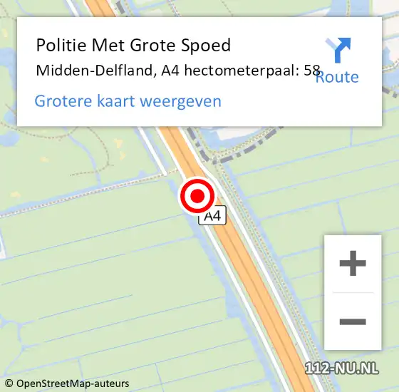 Locatie op kaart van de 112 melding: Politie Met Grote Spoed Naar Midden-Delfland, A4 hectometerpaal: 58 op 6 april 2025 21:48