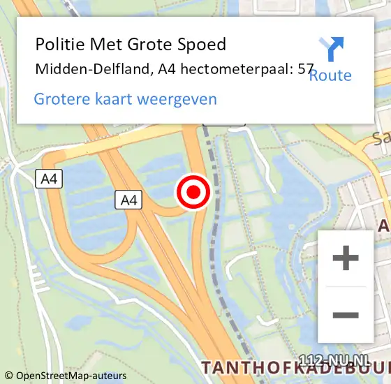 Locatie op kaart van de 112 melding: Politie Met Grote Spoed Naar Midden-Delfland, A4 hectometerpaal: 57 op 6 april 2025 21:48